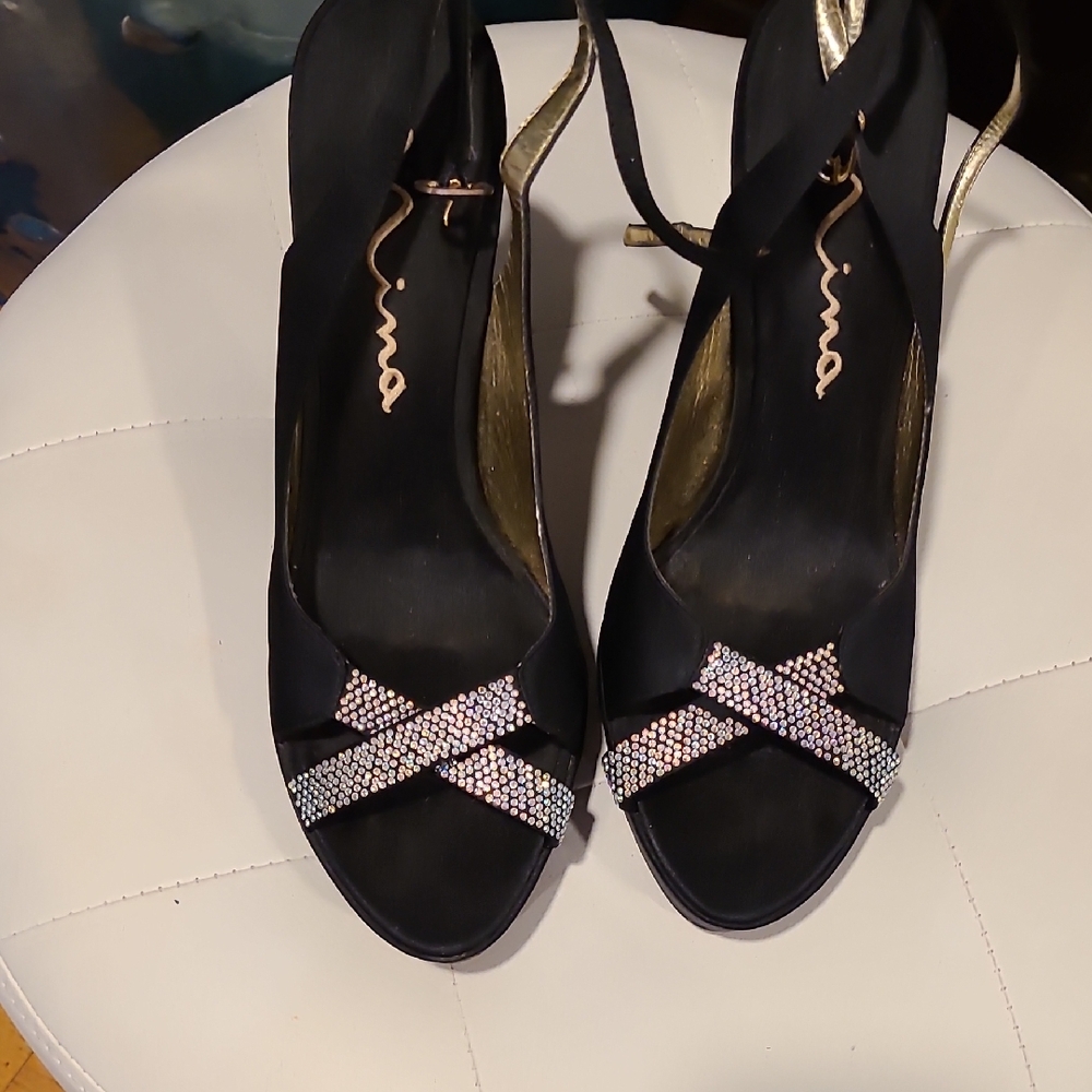 Nina Black and Gold Heels with Rhinestone Accents